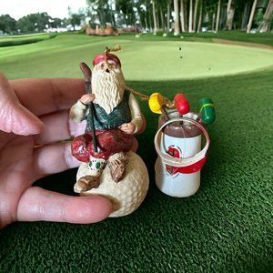Lot of 2 Vintage Santa Claus On A Golf Ball & Golf Bag w/Clubs/Visor Ornaments